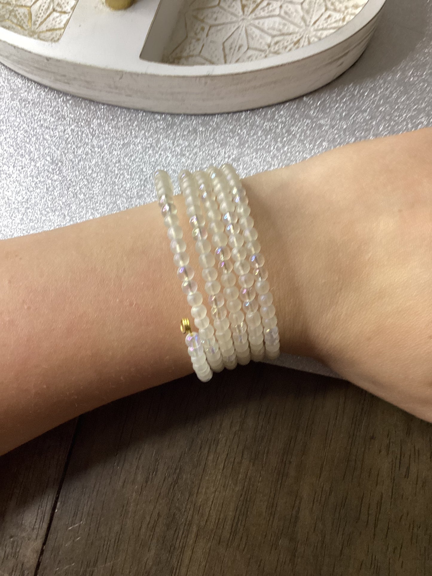 Matte white bead and translucent bead cuff bracelet